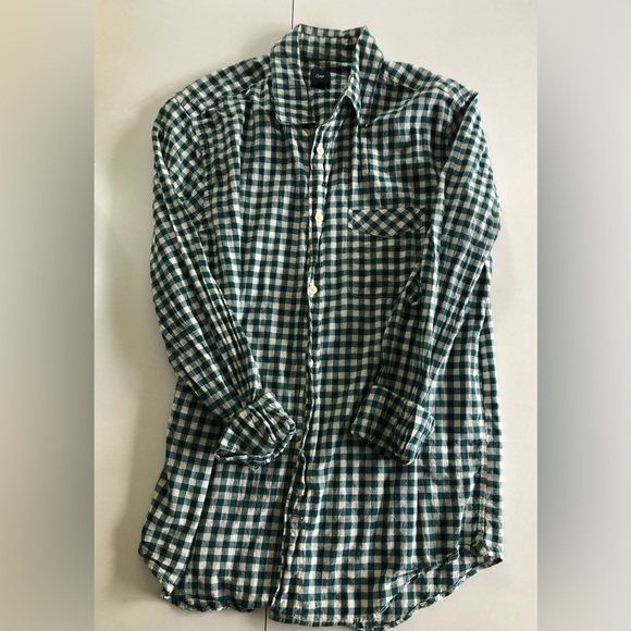 Gap Medium Men’s Long Sleeve Dress Shirt Green & White Gingham - Picture 2 of 4